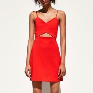 Zara Red Orange Spaghetti Strap Cut Out Cocktail Mini Dress Medium Cotton Blend